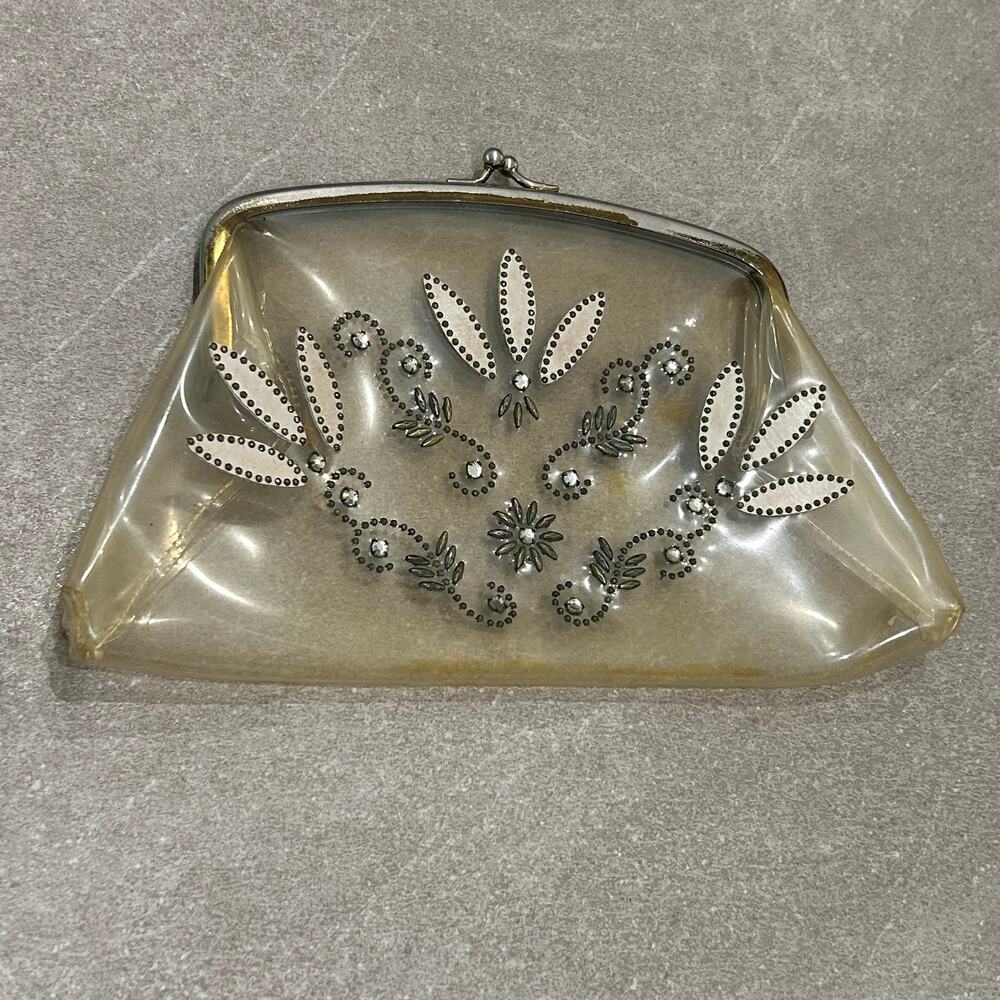 Vintage Clear Vinyl Floral Rhinestone Clutch Purse Mid Century Kiss Lock -